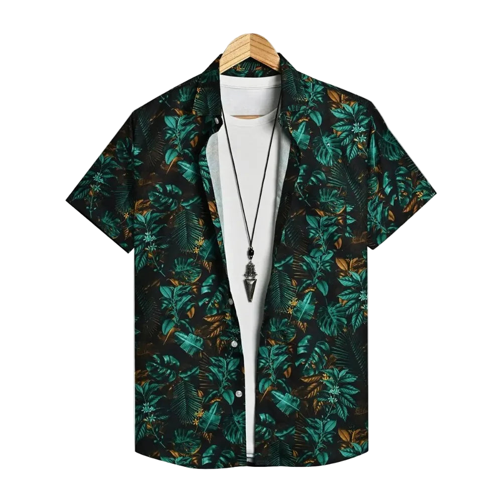 Green leaf-patterned shirt on a hanger against a white background