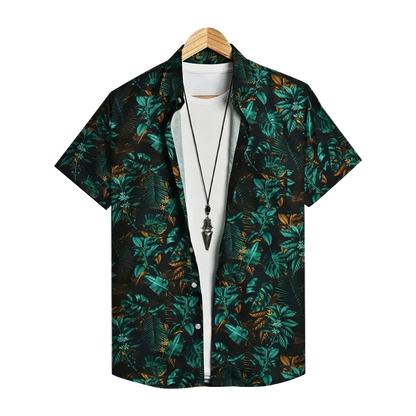 Green leaf-patterned shirt on a hanger against a white background