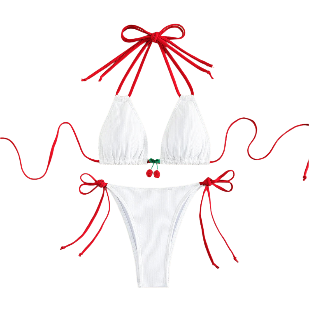 A white bikini with red string ties and cherry embellishments on the top. The design is simple yet charming, with a touch of whimsy.
