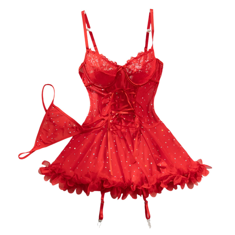 Red lace lingerie set on a white background with flowers and a book.