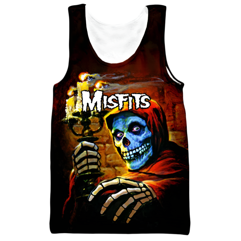 Tank top with 'Misfits' design featuring a skeleton holding candles against a dark background.