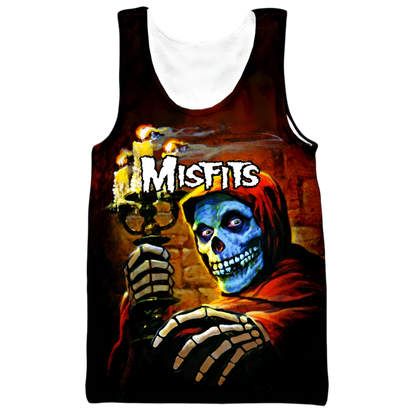 Tank top with 'Misfits' design featuring a skeleton holding candles against a dark background.