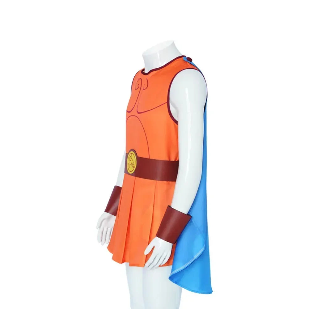 Greek Hero Costume: An orange tunic-style costume with a brown belt and blue cape, inspired by a classic Greek hero look.

