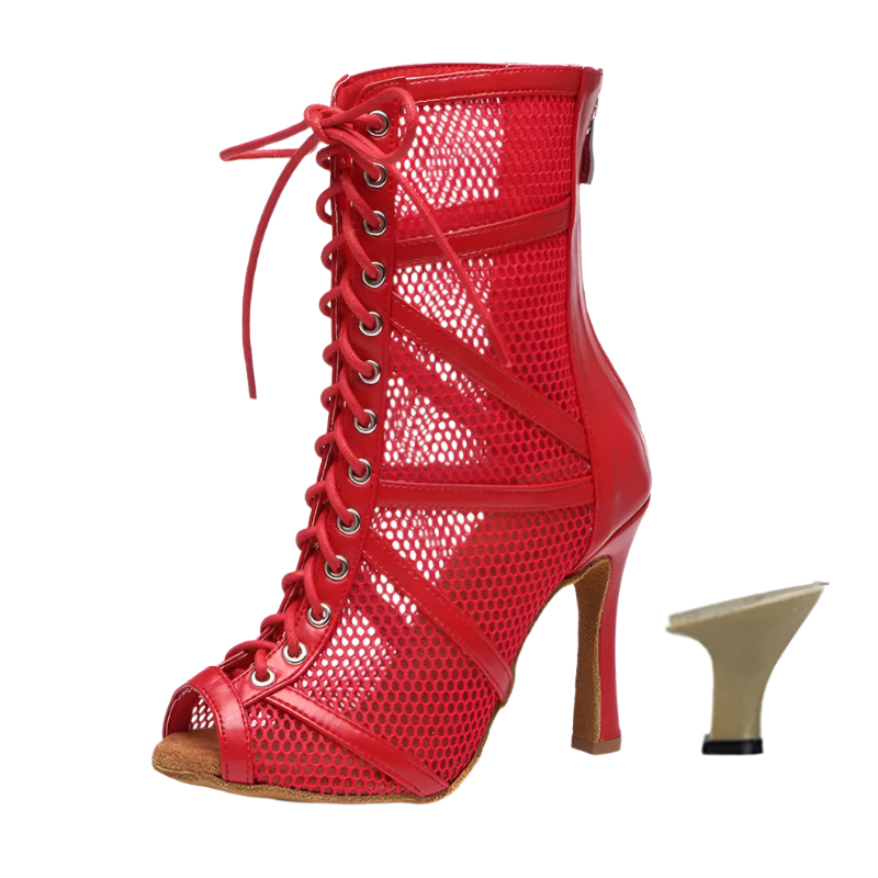 Red mesh ballroom dancing boots with fish mouth design stiletto heels and adjustable instep zip perfect for salsa dance performances and resort entertainment
