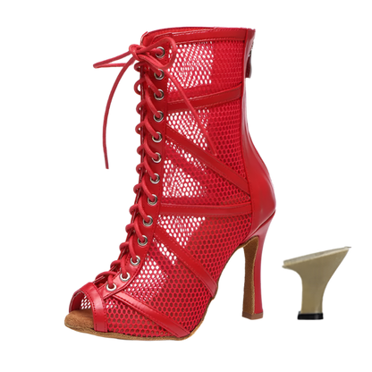 Red mesh ballroom dancing boots with fish mouth design stiletto heels and adjustable instep zip perfect for salsa dance performances and resort entertainment
