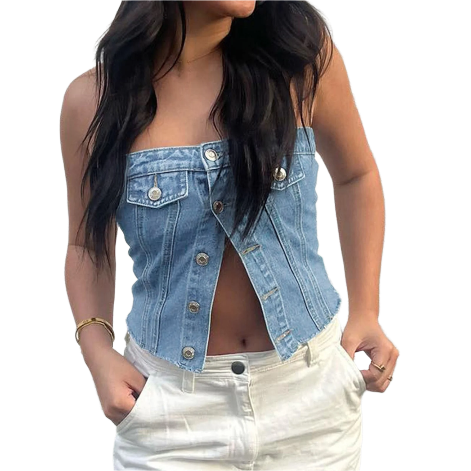 denim bra vest top with tight-fitting halter design for casual resort wear in large sizes
