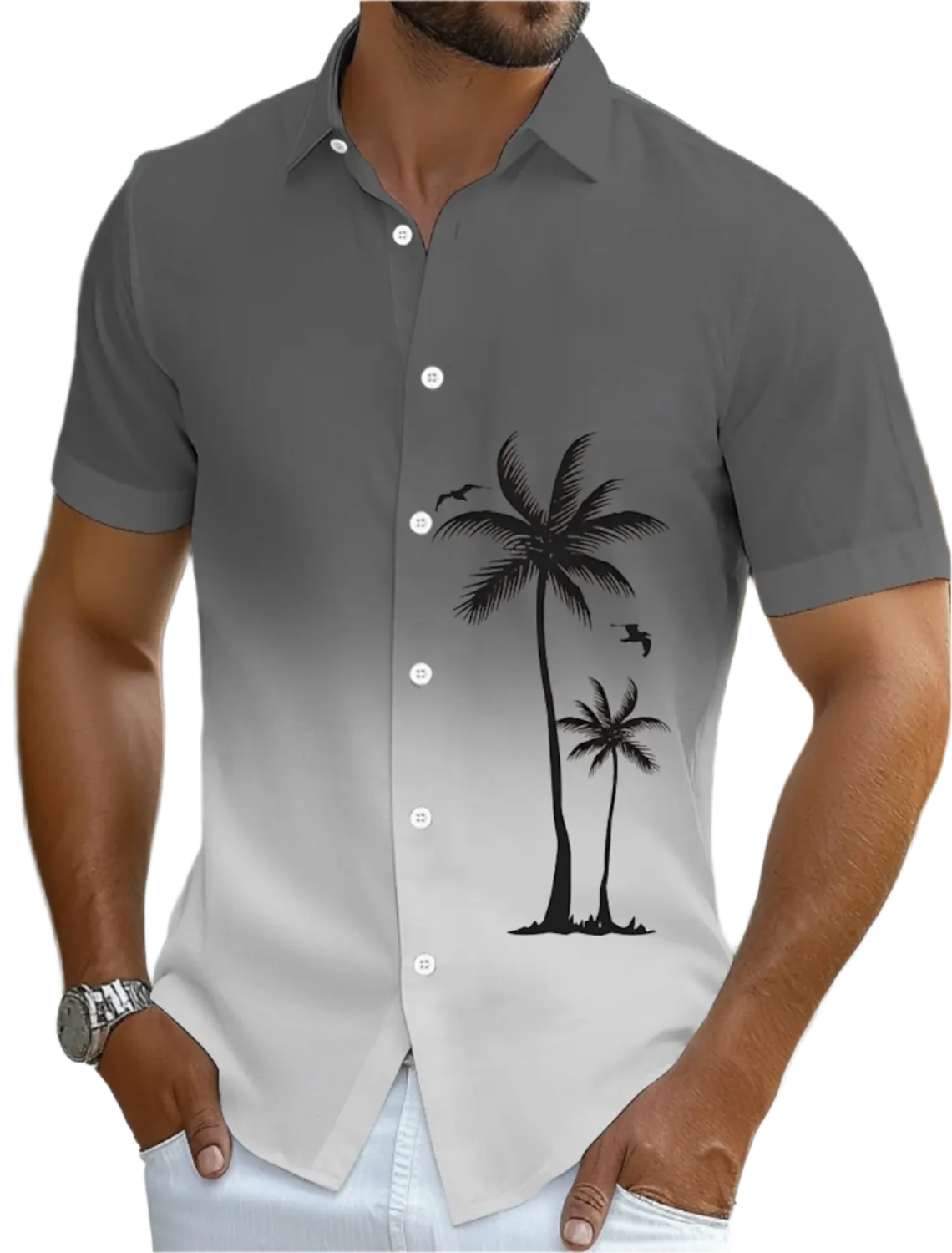 Gray short-sleeve shirt with palm tree design worn by a person.