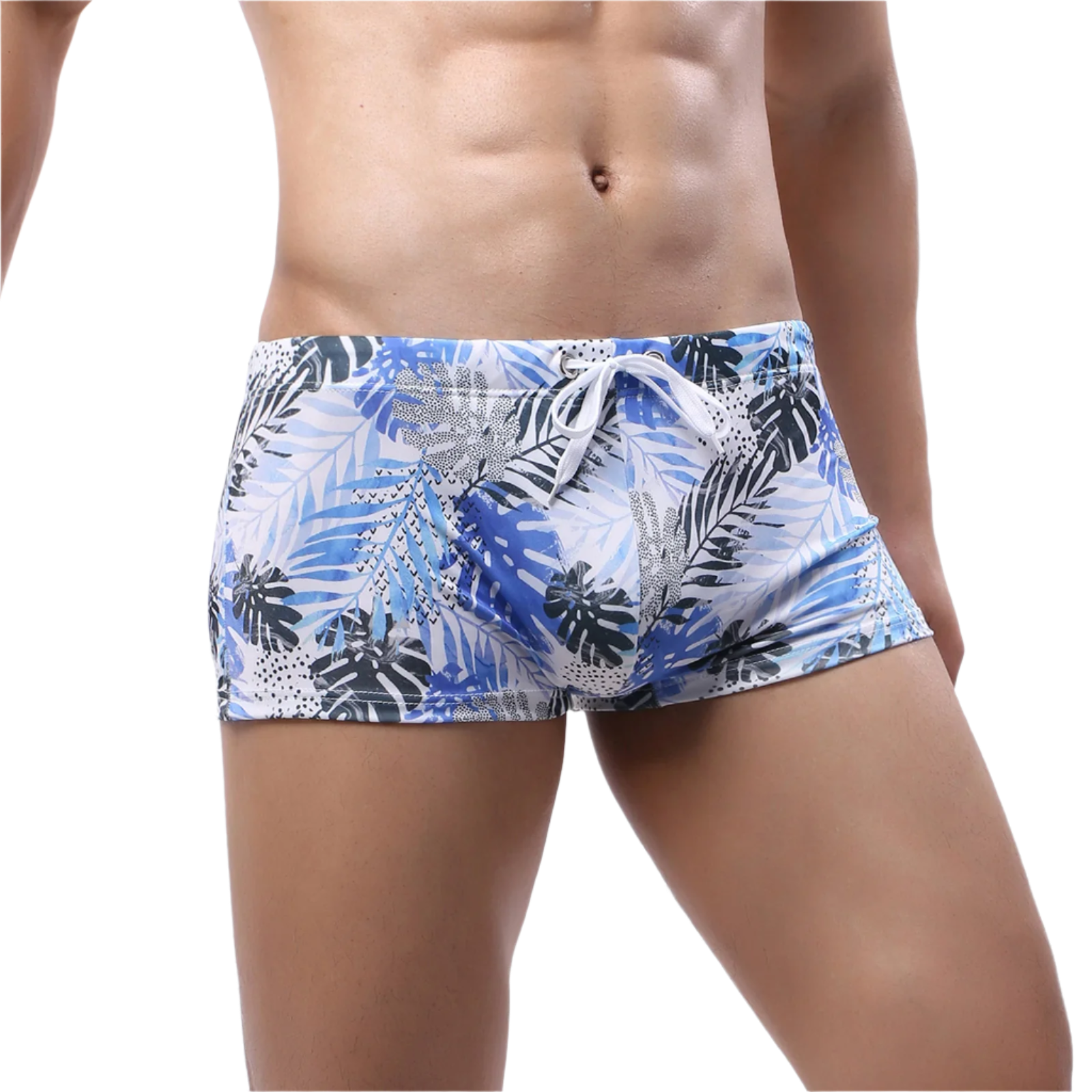 Floral-patterned boxer briefs with tropical leaf and flower design.