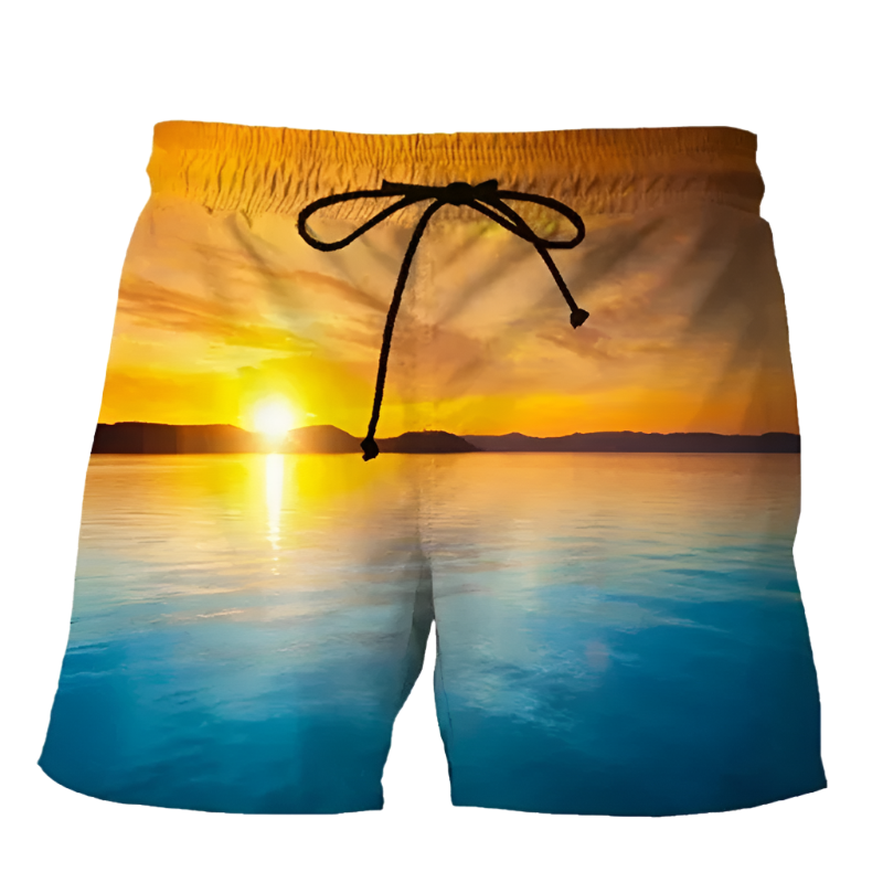 Summer Sunset 3D Printed Beach Shorts featuring vibrant sunset design, perfect for luxury adult resorts