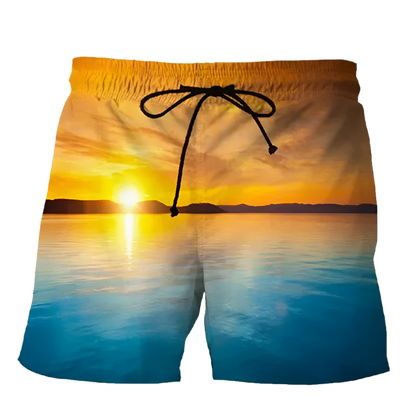 Summer Sunset 3D Printed Beach Shorts featuring vibrant sunset design, perfect for luxury adult resorts