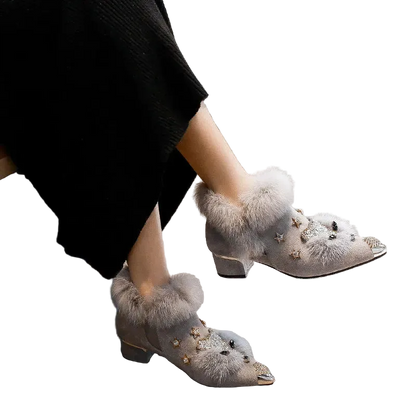 Women’s Faux Fur Animal Ankle Boots | Pointed Toe Winter Booties