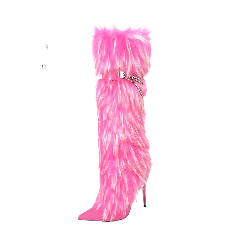 Elegant Knee-Length Fluffy Fur Boots with Stiletto Heel for Resort Evening Wear