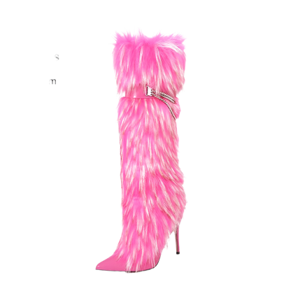 Elegant Knee-Length Fluffy Fur Boots with Stiletto Heel for Resort Evening Wear