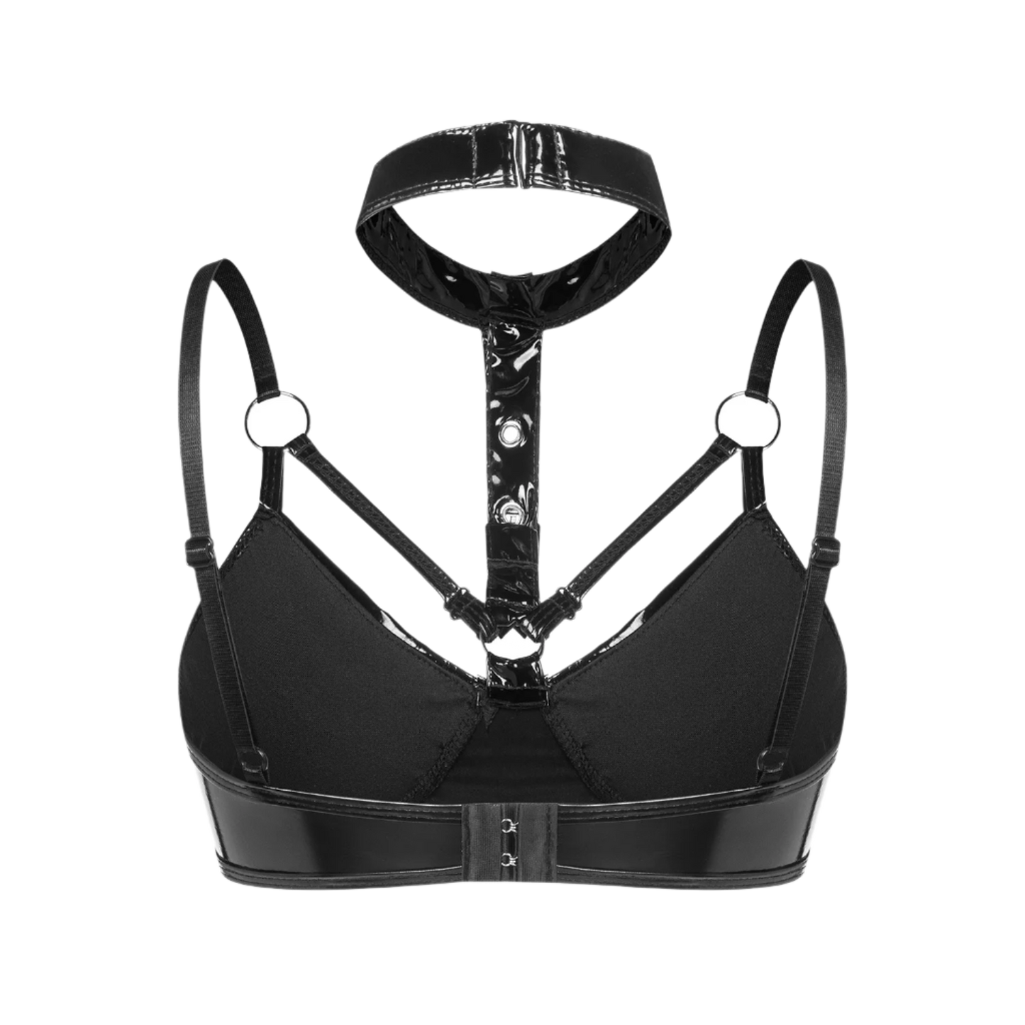 Black leather harness bra on a white background