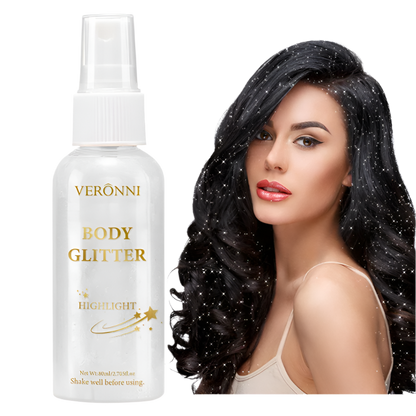 Veronni body glitter bottle with a woman with glittery hair on a white background