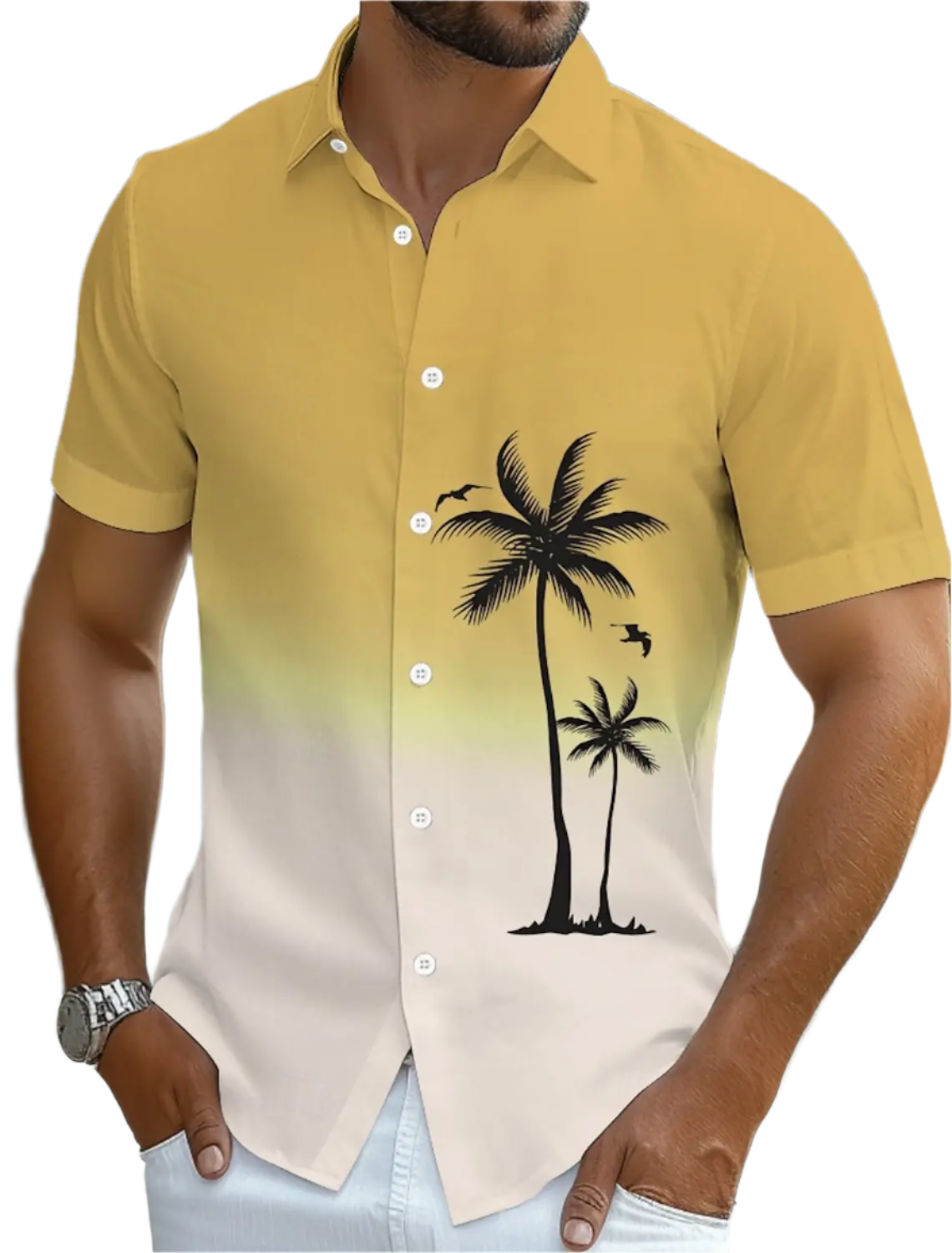 Yellow and beige gradient shirt with palm tree design worn by a person.