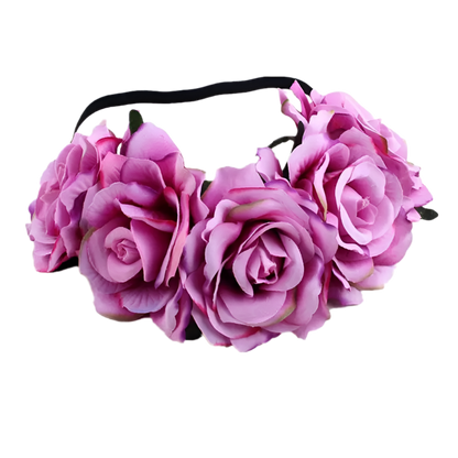 A floral headband featuring large, vibrant roses. The design is bold and romantic, perfect for a bohemian or festival look.