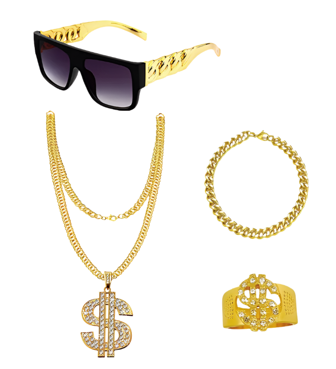 Gold jewelry set with sunglasses, necklace, bracelet, and ring on a white background