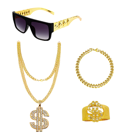 Gold jewelry set with sunglasses, necklace, bracelet, and ring on a white background