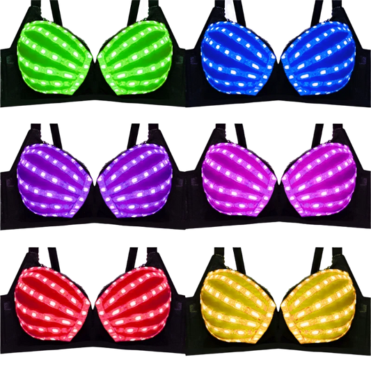 LED Light-Up Bras: A collection of bras with LED lights in various colors like green, blue, purple, pink, red, and yellow, creating a glowing effect.