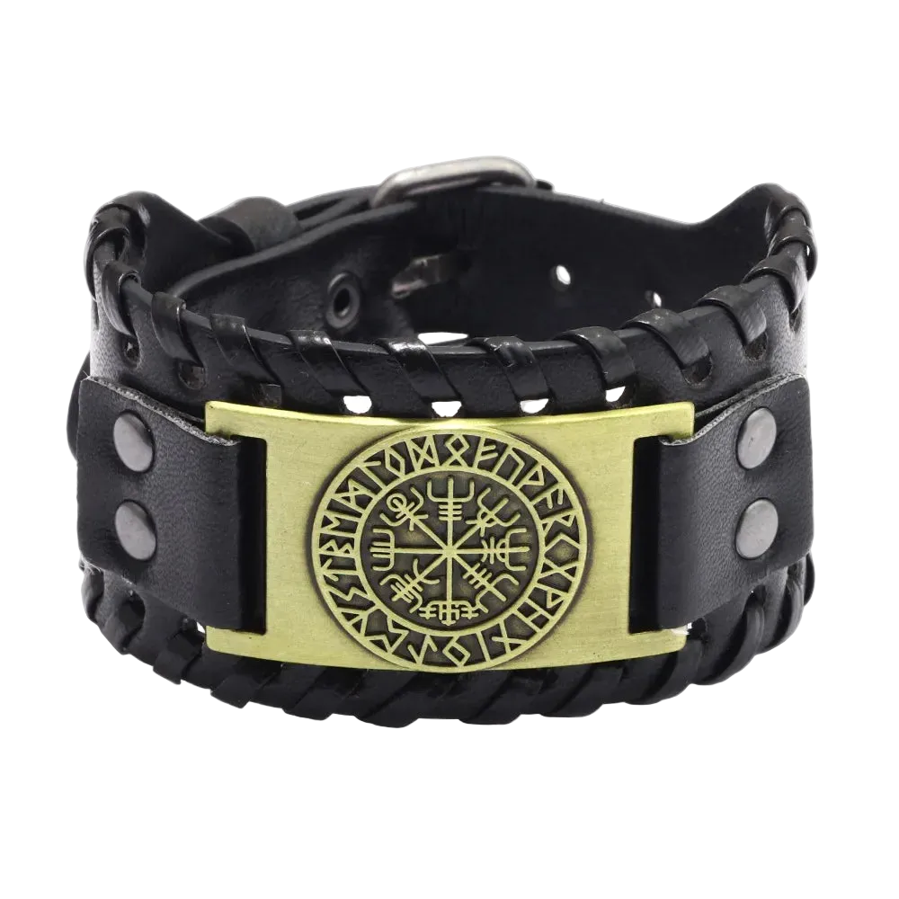 Black leather bracelet with a gold emblem featuring Runes on a white background