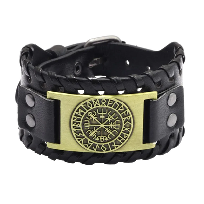 Black leather bracelet with a gold emblem featuring Runes on a white background