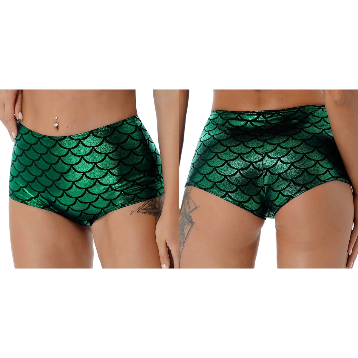 Two views of a pair of women's bikini-style bottoms with a metallic green mermaid scale pattern, shown on a model against a white background.