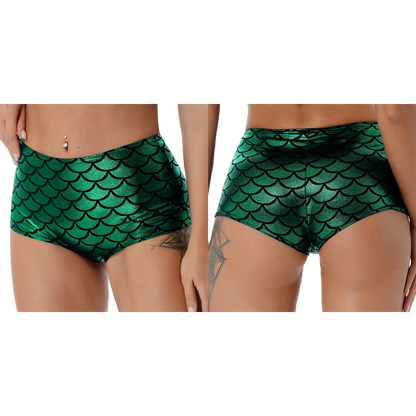 Two views of a pair of women's bikini-style bottoms with a metallic green mermaid scale pattern, shown on a model against a white background.
