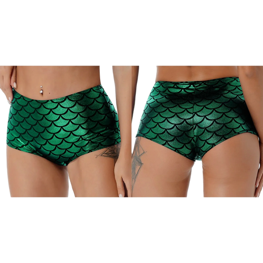 Two views of a pair of women's bikini-style bottoms with a metallic green mermaid scale pattern, shown on a model against a white background.